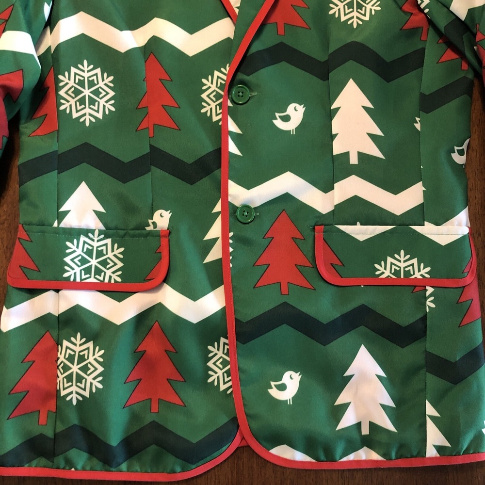 Ugly Christmas Blazer Suit Jacket Trees Snowflakes Green Red White Mens Small - Picture 3 of 15